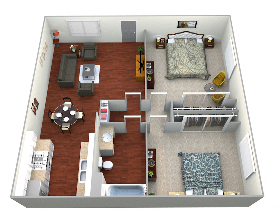 Floor plan for 2 beds, 1 bath, 716 sqft